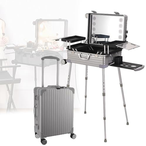 22 Makeup Train Case Large Storage Cosmetic Trolley Organizer Box with LED Light Mirror & Adjustable Support Legs for Makeup Artist Manicurist Hairdresser,Silver