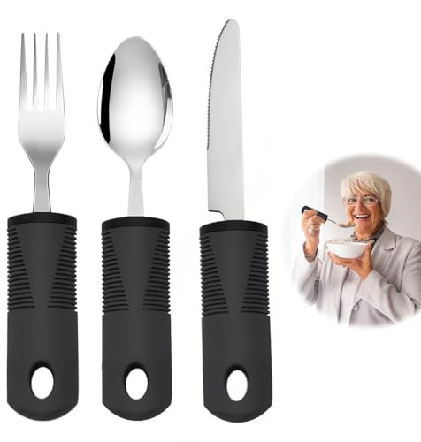 Easy Grip Cutlery Set of 3 Extra Wide Chunky Handles Disability Aids for Disabled Hands with Knife Fork Spoon Ideal Dining aid for Elderly Arthritis Parkinson'Disease Tremors Sufferers Black