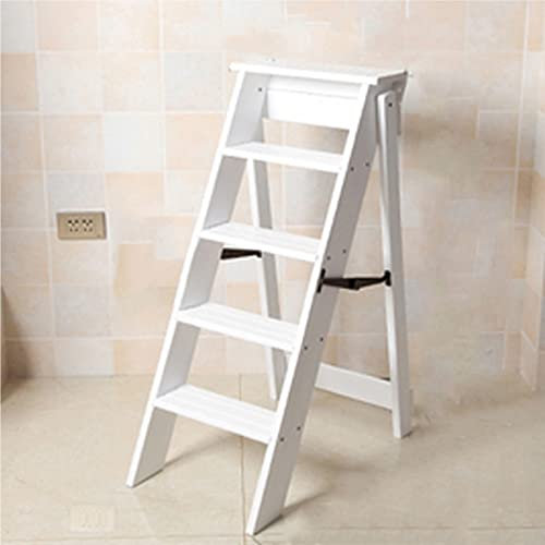 White Wooden Folding Ladder Chair Rack Multifunction Bookshelf Plant Stand Household Step Ladder Stool for Kitchen Office Library Indoor Climb Stepladder Shelf Stand
