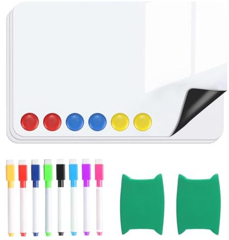 3 Pcs A4 Magnetic Whiteboard for Fridge, Dry Erase Whiteboard Sheets, Dry Wipe Boards, Magnetic White Board Fridge for Home Office Kitchen Notice Memos Lists, with 8 Pens, 2 Eraser, 6 Magnets