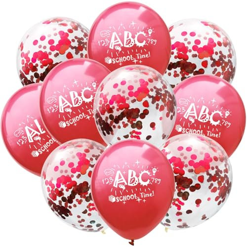 10 Stück Luftballons Einschulung, Schulkind Luftballons Schulanfang Deko, ABC Latex Ballons für Einschulung Deko Schuleinführung Schulkind Deko Einschulung Junge und Mädchen Rot und Konfetti Design
