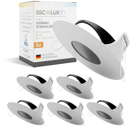 SSC-LUXon 6 Stück YOKU Einbaustrahler IP65 schwenkbar für GU10 & LED Modul - Deckenstrahler Spot für Bad & Außenbereich 230V rund weiß