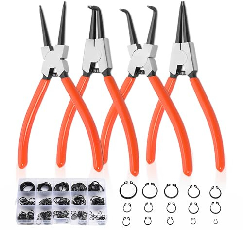 Sprengringzangensatz 4tlg: 177mm Sicherungsringzangen mit Gerade Gebogen Seegeringzangen Kohlenstoffstahl Rostschutz mit 300pcs Sicherungsring für Innen- und Außensicherungen mit Kasten