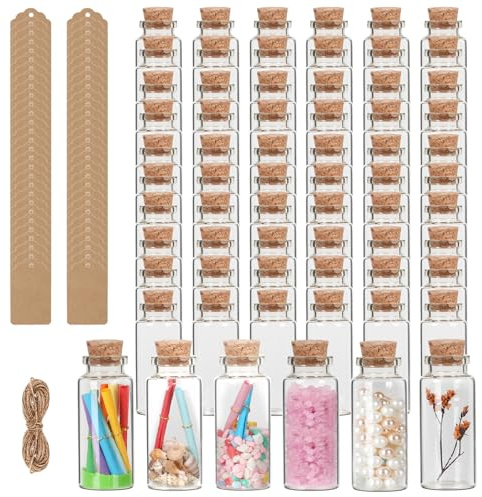 EkkoVla 60 Pack 30ml Glass Spell Jars with Cork Stoppers | Ideal for DIY Wedding Favours, Party Gifts, Jewellery Storage, Home Organizing,Includes Kraft Tags and Twine