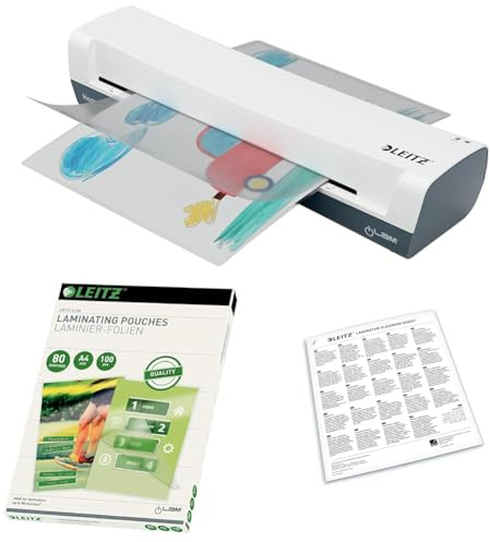 Leitz iLAM Set Home A3 Laminiergerät, Für 75 bis 125 mic Folien, 3 Min Aufwärmzeit, 74320001 + Heißlaminierfolien A4 80 mic 100er Pack, 33818 + Premium A3/A4-Reinigungsblätter 5er-Pack, 72550000