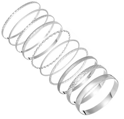 Silver Bangles for Women 10 Pcs Indian Stackable Bracelet Set for Girls | Metal Vogue Womens Bangles Suitable for Ladies Jewellery Accessories for Daily Party Holiday Birthday Gifts