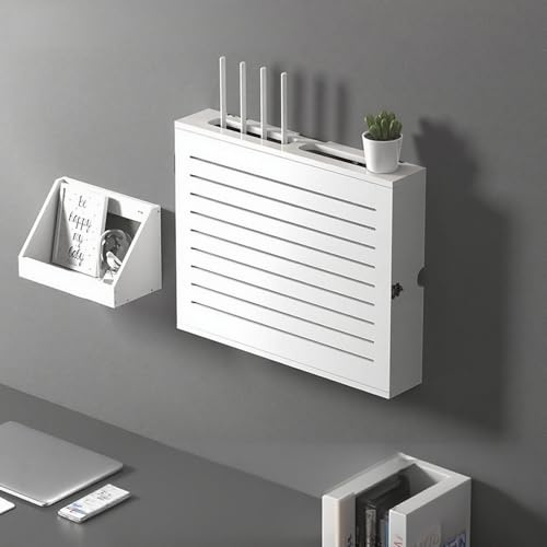 Wireless WiFi Router Storage Box with Adjustable Shelves, WiFi Router Hidden Box, Wall Mount Floating Media Cabinets Organizer, for Bedroom Living Room(White,36cm/14.2in)