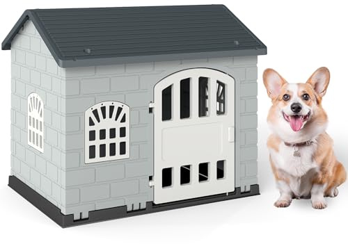 COSTWAY Niche pour Chien Exterieur Interieur, Porte Verrouillable, 3 Fenêtres, Cage Chien Chat en PP, Toit Incliné, Patins Antidérapants, Facile à Monter, pour Chiot Chat Lapin, 75 x 58 x 65 cm (Gris)