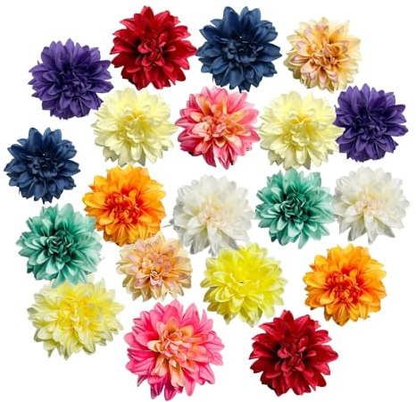 Dahlias Artificial Flowers Heads,Faux Dahlias Silk Flowers for Crafts with Clips,Tropical Faux Flower Cake Decorations Wreath Making Supplies for Wedding Party Birthday Gift Décor (20, Multicolour)
