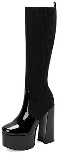 Gueploer Stivali Lunghi Elasticizzati da Donna, Stivale Nero Lavorato A Maglia con Tacco Largo E Plateau, Stivale Alto per Feste, Vita Quotidiana, Prom,Black2,38 EU