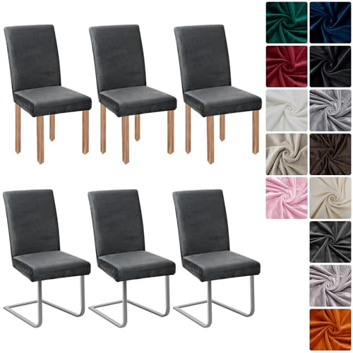 Stuhlhussen Samt 6er Set, Hussen Für Stühle, Stretch Stuhlbezug, Dunkelgrau | Universell Stuhlhussen Schwingstühle, Waschbarer Stühle Schutz Für Esszimmer Küche Restaurant Hotel Bankett Hochzeit Party