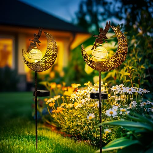 GIGALUMI Solar Lights Outdoor Garden, 2 Pack Fairy Moon Garden Lights Crackle Glass Ball Stake Metal Ornaments, Waterproof Outdoor Decorations for Yard, Path and Patio