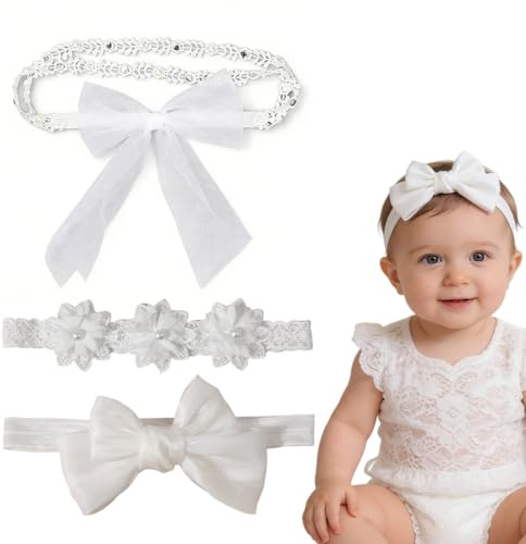 YAYNO 3 Stück Baby Mädchen Stirnbänder Stirnband Baby mit Weiß Blumenmuster Blume elastisches Haarband Schleifen Haarschmuck für Neugeborene und Kleinkinder