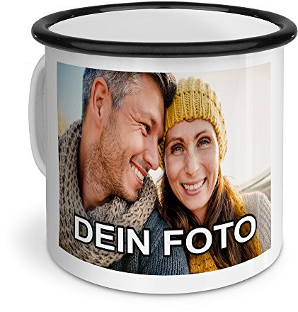 PhotoFancy – Emaille-Tasse mit Foto Bedrucken Lassen – Blechtasse Personalisieren – Nostalgie-Becher selbst gestalten (Groß [400 ml], weiß mit schwarzem Mundrand)