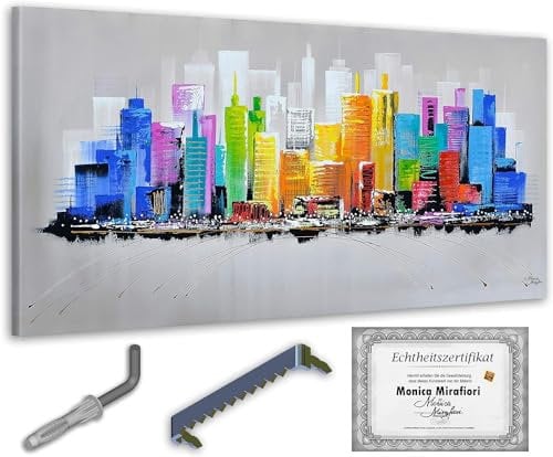 Monica Mirafiori I 100% HANDGEMALT I Gemälde Colorful City I 140x70cm | Gemälde Handgemalt | Acrylgemälde | Sehr Großes Acrylbild I Moderne Kunst I Kunstbilder