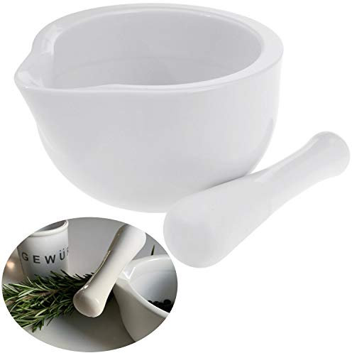 LS-LebenStil Keramik Mörser mit Stößel - 12cm - Weiß - Perfekt für frisch gemahlene Gewürze Kräuter Tabletten Medikamente - kleiner Gewürzmörser Zerkleinerer Kräuter-Mühle