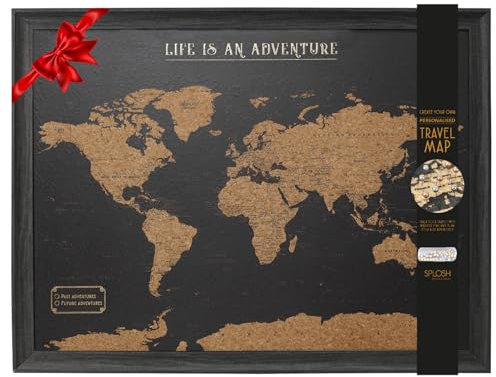Splosh Framed Travel Map - Black Small Wooden Pin Board with 100 Pins. Travel Map Cork Board. Wooden World Map, Corkboard Map Travel Gift. Mark your fast & future adventures!