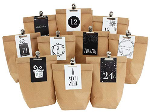 Papierdrachen DIY Adventskalender zum Befüllen - 24 Geschenktüten und 24 Visitenkarten mit Zahlen und Metall-Klammern - Schwarz-weiß - zum Selberbasteln - Weihnachten