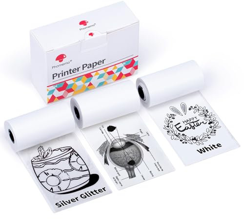 Phomemo M02/P2S/M02Pro/M02S/M03/M03AS/M04S/M04AS Papier - 3 Rouleaux Papier Thermique de Transparent/Argenté/Blanc - Phomemo D'étiquettes Autocollantes, Papier Autocollant Imprimable, 3 Rouleaux