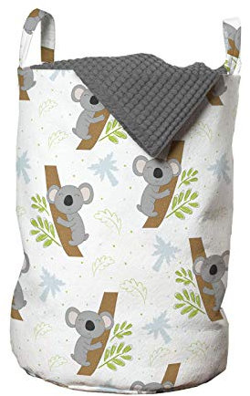 ABAKUHAUS Kindergarten Wäschesack, Lustige Childish Koala, Wäschekorb mit Griffen Kordelzugverschluss für Waschsalons, 33 cm breit x 49 cm hoch, Hellbraun Grau
