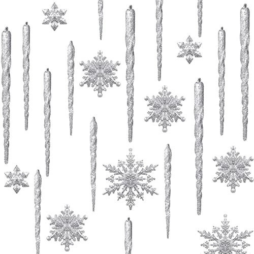 72 Stücke Acryl Eiszapfen Weihnachten Schneeflocke Eiszapfen Ornamente Hängende Eiszapfen Tropfen Ornamente Schneeflocke Eiszapfen Dekorationen Set für Weihnachtsbaum Dekoration (Silber)