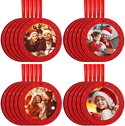 20 Stück Weihnachten Foto Ornament Rahmen Weihnachtsbaum Glitzer Bilderrahmen Filz Hängende Fotorahmen für Urlaub Weihnachtsbaum Dekoration (rot, rund)