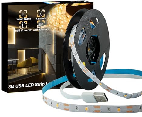 VVFLED LED Strip Lights, 9.8ft USB Warm White LED Strip Light, Pulg & Play, 3m TV Backlights, Super Bright Indoor Strip Light for Bedroom, Kitchen, DIY, Decor LED Rope Lights Tape Light