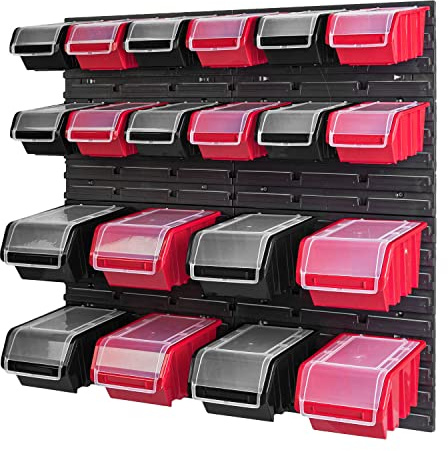 PAFEN Stapelbox Wandregal - 772 x 780 mm - Lagersystem 20 Stück Boxen mit Deckel - Lagerregal Sichtlagerkästen Schüttenregal, Schwarz/Rot