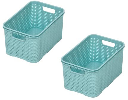 BranQ - Home essential Korb in Rattan Design 2er Set Grösse L 19 l, BPA-frei Kunststoff PP, Minze, 38x27,8x18,5 cm, 2 Stk.