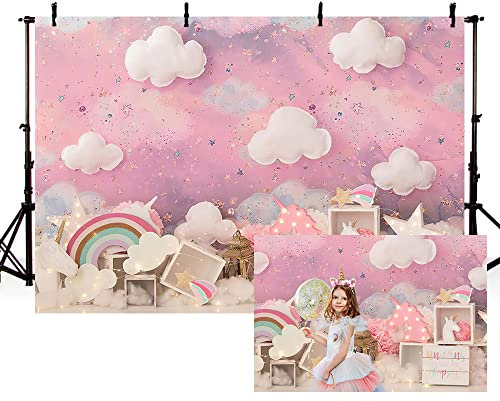 MEHOFOND Telón de Fondo Rosa de cumpleaños para niña de 7 x 5 pies para fotografía, diseño de Nubes Blancas, Fondo de Retrato de Arco Iris, Unicornio para Baby Shower, Fiesta, Pancarta de Tartas