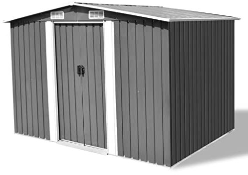 Metall Gerätehaus mit Pultdach, Lüftungsschlitzen & Schiebetür, 257 x 205 x 178 cm Grün Geräteschuppen Gartenhaus Schuppen Verzinkter Stahl Gartengerätehaus Geräteschrank für Garten