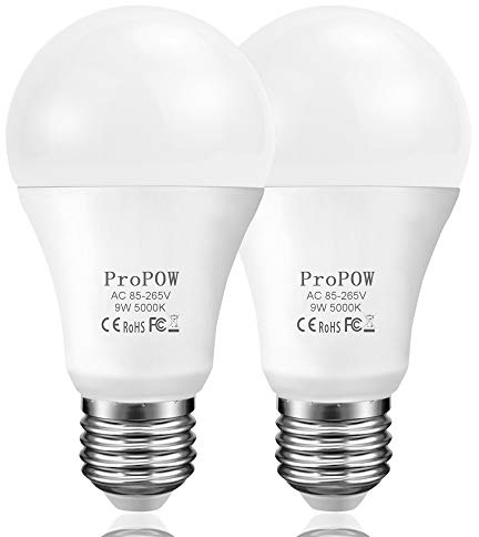 ProPOW Dusk to Dawn Light Bulb, 9W (60 Watt Equivalent) A19 LED Light Sensor Bulbs, Smart Automatic on/Off,Indoor/Outdoor Lighting Bulb for Porch Garage Hallway Patio (Daylight White, E27, 2 Pack)