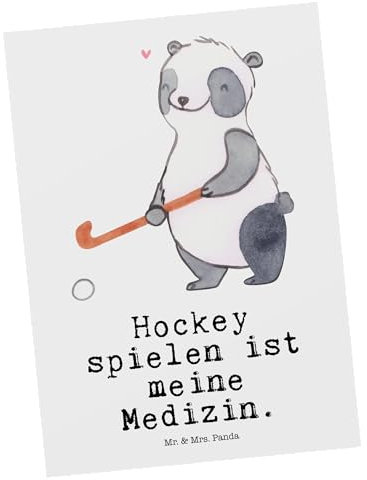 Mr. & Mrs. Panda Postkarte Panda Hockey spielen - Geschenk, Verein, Ansichtskarten, Fotokarte, Feldhockey, Hockeyschläger, bildkarte, Postkarten, Grußkarte