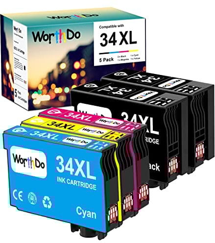 WORTHDO Kompatibel Tintenpatronen für Epson 34XL 34 XL Druckerpatronen für Workforce Pro WF-3720 WF-3725 WF-3720DWF WF-3725DWF (2 Schwarz, 1 Cyan, 1 Magenta, 1 Gelb)