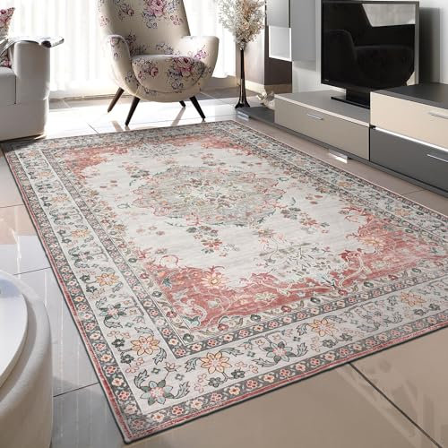 TALETA Teppich Wohnzimmer Vintage orientlischer Teppich mit Blumenmuster, Carpet Teppich waschbar, Kurzflor Schalfzimmer Teppich für Wohnzimmer, Schalfzimmer, Eisszimmer-Retro Rot, Groß: 120 x 170 cm