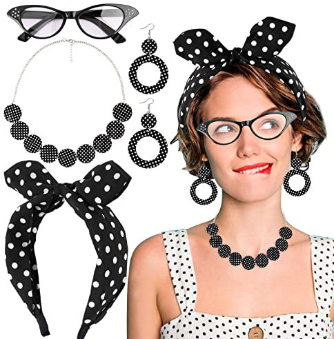 BETESSIN 4TLG Rockabilly Accessoires Damen 50er Jahre Kostüm Kleid Zubehör 60er Jahre Outfit Schwarz Gepunkte Haarband Polka Dots Stirnband Brille Halskette für 1950s Mottoparty Retro Karneval Party