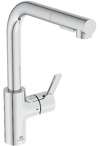 Ideal Standard – Gusto Miscelatore cucina, Bocca alta tonda a L, con doccetta estraibile e due modalità di getto, bocca girevole a 360°, facile da installare con fissaggio EasyFix+, Cromato