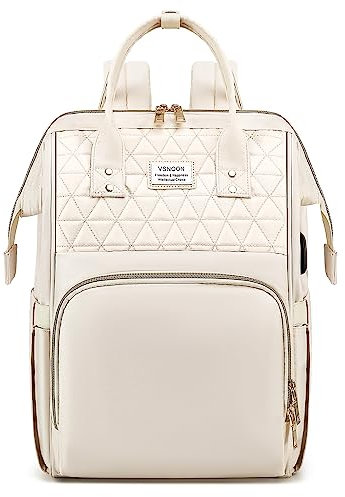 VSNOON Laptop Backpack for Women,15.6 Inch Stylish Laptop Rucksack Wide Open, Travel Backpack with USB Charging Port, Water Resistant Travel Business Work Bag Computer Backpack for Men, Beige