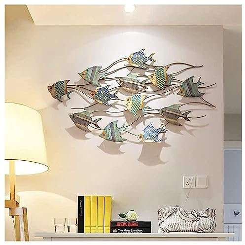 FLYUFO Metall Fisch Wandkunst Dekor, 3D Wandskulptur Fischschwarm, Schmiedeeisen Marine Wanddekoration für Hausgarten Schlafzimmer