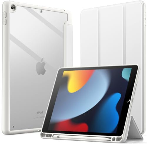 JETech Hülle für iPad 10,2 Zoll (9./8./7. Generation, 2021/2020/2019) mit Stifthalter, Klare Transparente Rückseitenschale Dünner Ständer Stoßfeste Tablet Schutzhülle (Weiß)