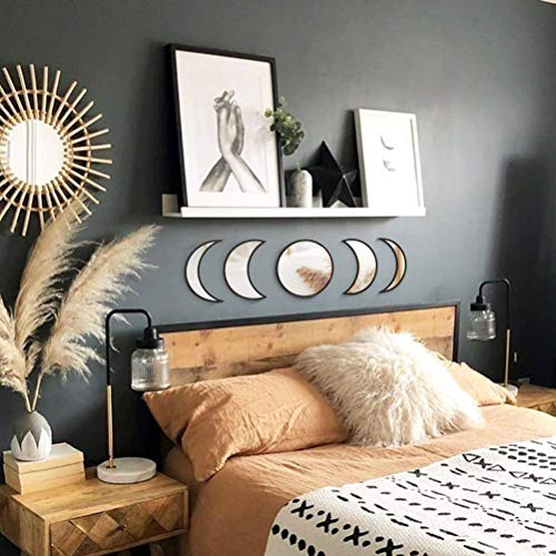 Airshi Mondphasen-Spiegel-Set, 5-teilige Boho-Mond-Wanddekor-Spiegel für Schlafzimmer (Schwarz)
