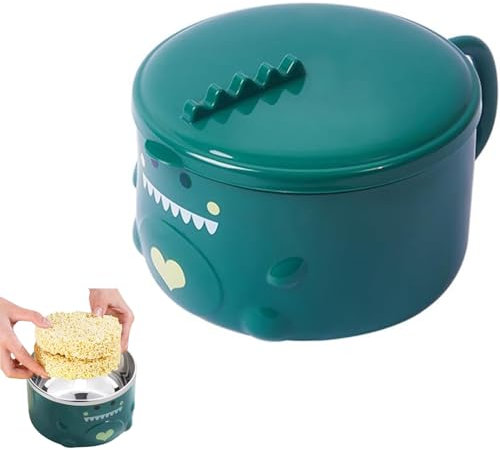 ZPSHYD Cartoon Dinosaur Noodle Bowl, Stainless Steel Inner Bowl with Convenient Handle and Secure Lid for Home School Use(Green)