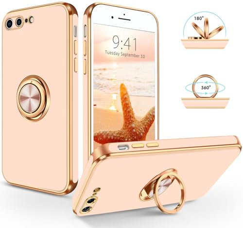 SouliGo iPhone 7 Plus Hülle, iPhone 8 Plus Hülle Handyhülle, Slim Weiche TPU Silikon Case mit 360 Grad Ring Halter Ständer stabil Kratzfest Hülle für iPhone 7 Plus/8 Plus 5.5 Zoll Rosa Gold