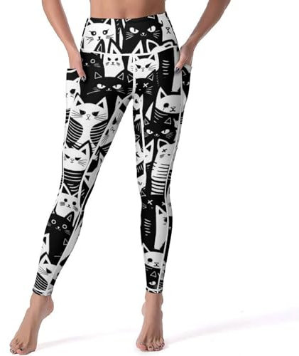 AuHomea Leggings mit 2 Taschen für Damen, hohe Taille, Bauchkontrolle, Workout, Laufen, Yogahose, Schwarz-weiße Katzen-Doodle-Skizze, XX-Large