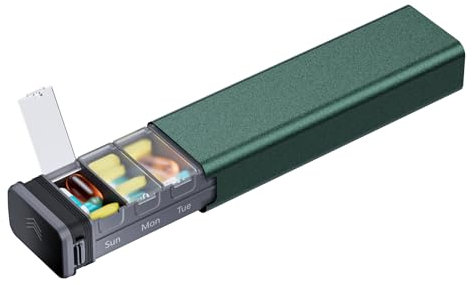 Tablettenbox 7 Tage,Kursoaya Tägliche Pillendose für 7 Tage, Hochwertiges Aluminium,Pillenbox für Vitamine, Medikamente, Nahrungsergänzungsmittel (Jäger Grün)