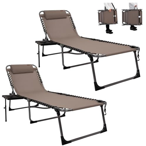 KingCamp Chaiselongue, verstellbar, Textilene, wasserdicht, Terrassen-Lounge-Sessel mit Beistelltisch, tragbar, Camping, Liegestuhl mit Kissen, 2 Stück, Beige
