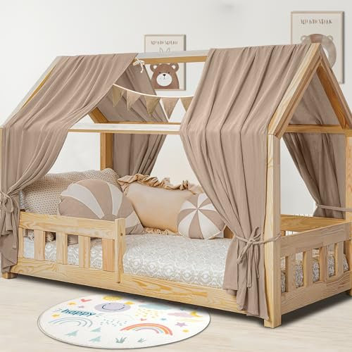 Hausbett Himmel Deko Set, Betthimmel Hausbett aus Musselin - 2 Betthimmel & 1 Wimpelkette, für Jungen Mädchen Deko für Kinderzimmer, Baldachin Kinderzimmer Deko I 135 x 320cm Hellgrau