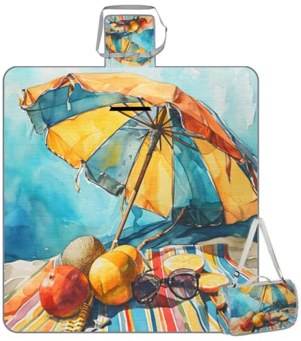 cfpolar Quadratische Picknickdecke, wasserdicht, bunte Sonnenschirme, extra groß, 152,4 x 152,4 cm, Outdoor-Stranddecke, leichte, handliche Matte, Tragetasche für Frühling, Sommer, Camping, Strand,