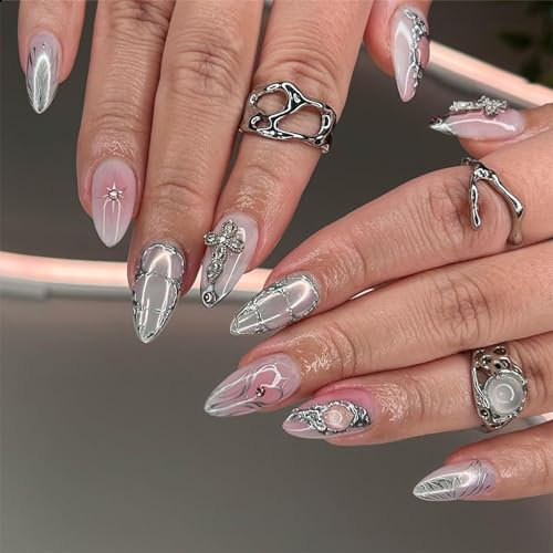 Nayyana 24 Stück Schmetterlings-Nagelnägel zum Aufdrücken, mittelgroß, quadratisch, mit französischer Spitze, schwarz, mit Strasssteinen, Glitzer-Design, zum Aufkleben auf die Nägel