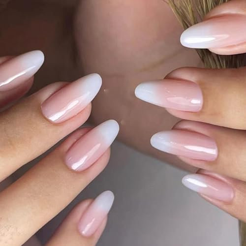 MrCuvaryas Press on Nails Künstliche Nägel kurz, Weißes French-Nail-Design mit Farbverlauf, Fingernägel zum Aufkleben Acryl Full Cover für Frauen und Mädchen Nail Art (White Almond, 12 Größen)